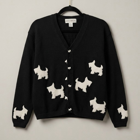 MARISA CHRISTINA Sweaters - Vintage Scottie Dog Cardigan Black Knit V-Neck Sweater White Terrier Intarsia L